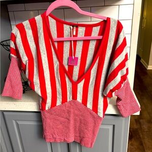 Pink and gray Striped V-Neck Top by Poof, NWT